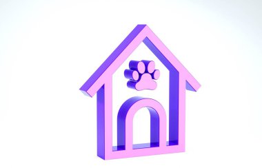 Mor Köpek Evi ve beyaz arka planda izole edilmiş pati izi ikonu. Köpek kulübesi. 3d illüstrasyon 3d canlandırma