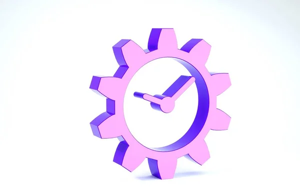 Ícone de gerenciamento de tempo roxo isolado no fundo branco. Relógio e sinal de marcha. 3D ilustração 3D render — Fotografia de Stock