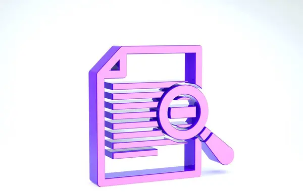 Document violet avec icône de recherche isolée sur fond blanc. Fichier et icône en verre grossissant. Signe de recherche analytique. Illustration 3D rendu 3D — Photo