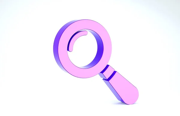 Icône en verre grossissant violet isolé sur fond blanc. Recherche, mise au point, zoom, symbole d'entreprise. Illustration 3D rendu 3D — Photo