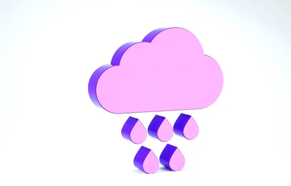 흰 배경에 빗방울이 달린 보라색 구름. 비를 내리게 하는 비가 내리게 됩니다. 3D 일러스트 3D 렌더링 — 스톡 사진