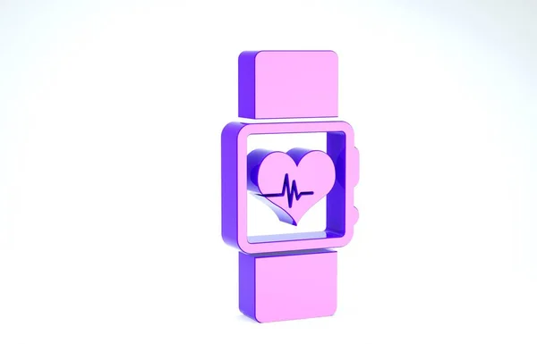 Purple Smart watch showing heart beat rate icon isolated on white background. Fitness App concept. 3d illustration 3D render — стокове фото