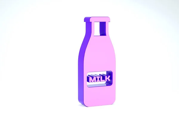 Fialová Uzavřená skleněná láhev s ikonou mléka a víčka izolované na bílém pozadí. 3D ilustrace 3D vykreslení — Stock fotografie