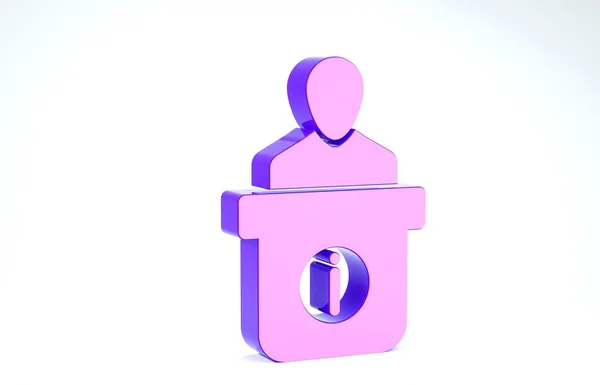 紫色信息台图标隔离在白色背景上. 人物形象站在问讯处. 帮助人的象征。 问讯台 3d说明3d — 图库照片