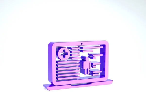 Lila Krankenakte auf Laptop-Symbol isoliert auf weißem Hintergrund. Krankenversicherungsformular. Verschreibungspflichtig, berichten medizinische Prüfzeichen. 3D Illustration 3D Renderer — Stockfoto