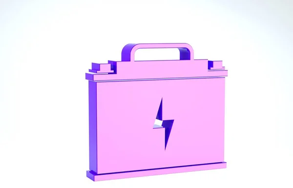 Lila Autobatterie-Symbol isoliert auf weißem Hintergrund. Akkumulatorbatterie und Akkumulatorbatterie. Blitzschlag. 3D Illustration 3D Renderer — Stockfoto