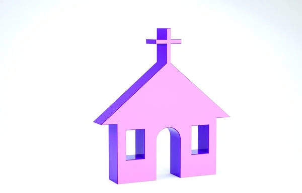 Icône du bâtiment de l'église violette isolée sur fond blanc. Église chrétienne. Religion d'église. Illustration 3D rendu 3D — Photo