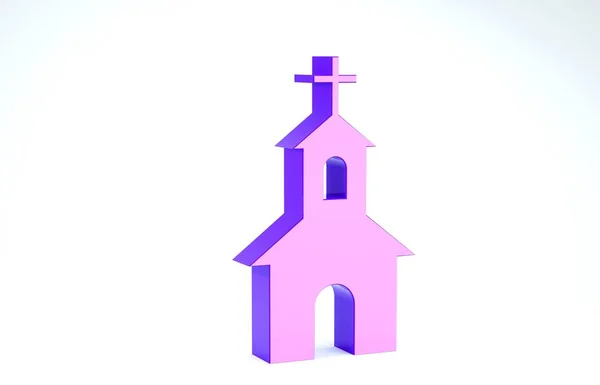 Fioletowy kościół budynku ikona izolowane na białym tle. Kościół chrześcijański. Religia kościoła. Ilustracja 3d — Zdjęcie stockowe