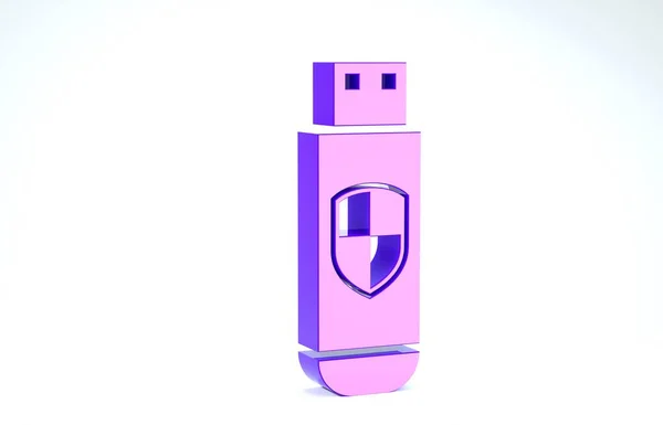 Μωβ USB flash drive και προστασία ασπίδα εικονίδιο απομονώνονται σε λευκό φόντο. 3D απεικόνιση 3d καθιστούν — Φωτογραφία Αρχείου