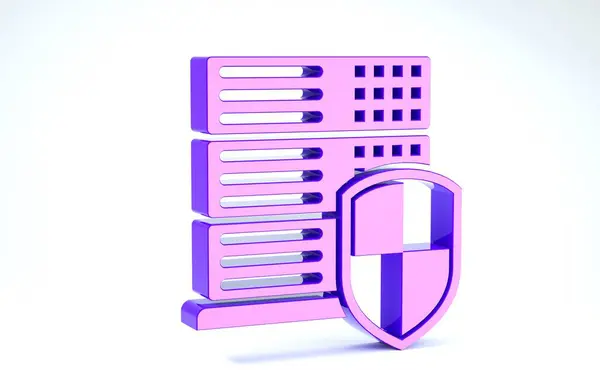 Purpurový server s ikonou štítu izolovanou na bílém pozadí. Ochrana před útoky. Síťový firewall, směrovač, přepínač nebo server, data. 3D ilustrace 3D vykreslení — Stock fotografie