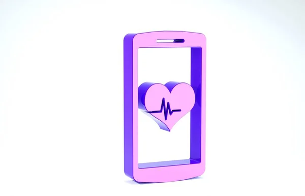 Smartphone roxo com ícone de função monitor de frequência cardíaca isolado no fundo branco. 3D ilustração 3D render — Fotografia de Stock
