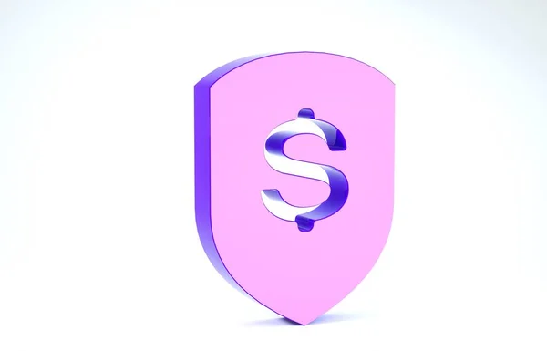 Фіолетовий щит і доларова ікона ізольовані на білому тлі. Захист щита. Концепція захисту грошей. 3d Illustrated 3d render — стокове фото