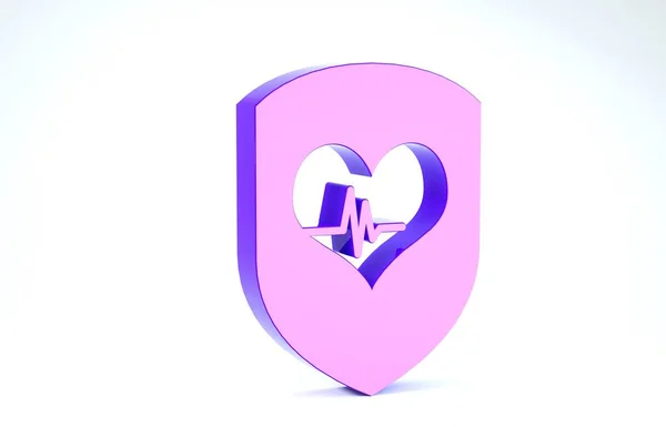 Μοβ Ασπίδα και εικόνα καρδιακού ρυθμού απομονώνονται σε λευκό φόντο. Έννοια προστασίας της υγείας. Ιατρική περίθαλψη. 3D απεικόνιση 3d καθιστούν — Φωτογραφία Αρχείου