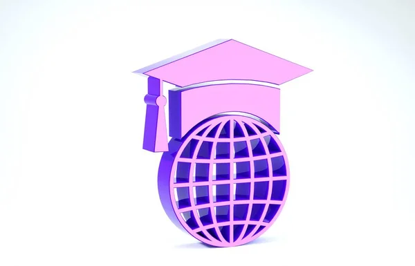 Berretto graduato viola sull'icona del globo isolato su sfondo bianco. Simbolo dell'educazione mondiale. Concetto di apprendimento online o e-learning. Illustrazione 3d rendering 3D — Foto Stock