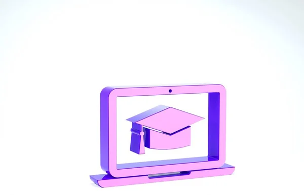 Purple Graduation cap on screen laptop icon isolated on white background. Online learning or e-learning concept. 3d illustration 3D render — Stock Photo, Image
