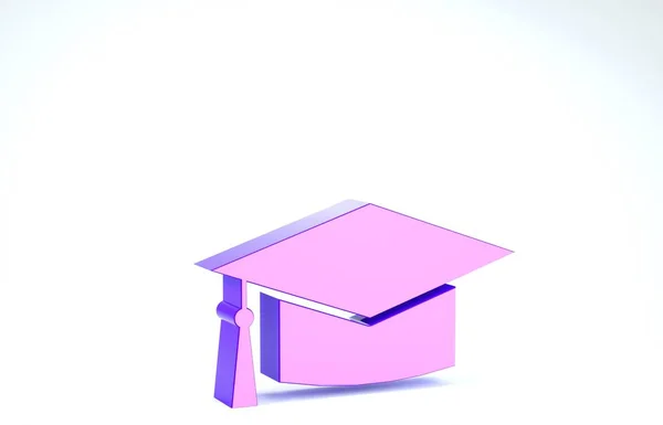 Ícone de tampa de graduação roxo isolado no fundo branco. Chapéu de graduação com ícone de borla. 3D ilustração 3D render — Fotografia de Stock