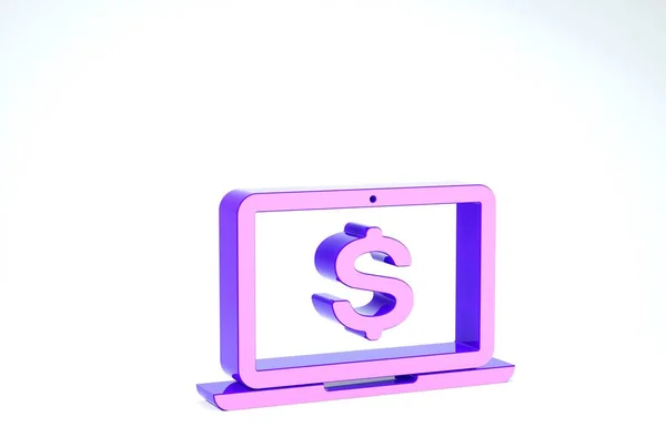 Laptop roxo com ícone símbolo dólar isolado no fundo branco. Conceito de compras online. Conceito de economia. 3D ilustração 3D render — Fotografia de Stock