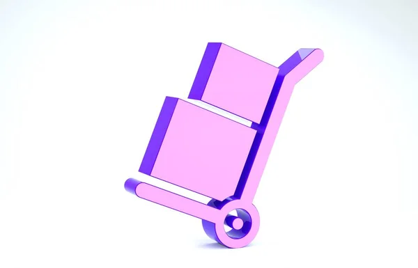 Roxo Caminhão de mão e caixas ícone isolado no fundo branco. Símbolo Dolly. 3D ilustração 3D render — Fotografia de Stock