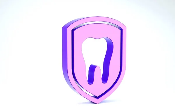 Icono de protección dental púrpura aislado sobre fondo blanco. Diente en escudo icono del logotipo. 3D ilustración 3D render —  Fotos de Stock