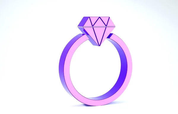 ホワイトを基調としたパープルダイヤモンドのエンゲージメントリングアイコン。3Dイラスト3Dレンダリング — ストック写真