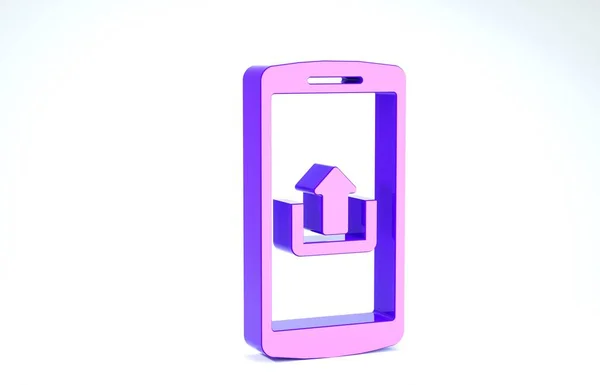흰색 배경에서 분리 된 업로드 아이콘 이 있는 보라색 스마트폰입니다. 3D 일러스트 3D 렌더링 — 스톡 사진