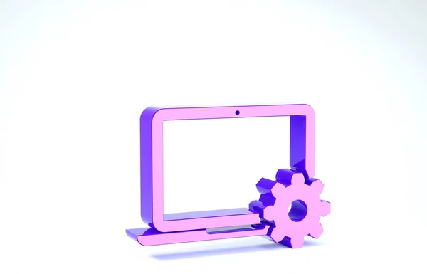Μωβ Laptop και εργαλείο εικονίδιο απομονώνονται σε λευκό φόντο. Σχέδιο εξυπηρέτησης laptop. Ρύθμιση, συντήρηση, ρύθμιση, συντήρηση, επισκευή, στερέωση. 3D απεικόνιση 3d καθιστούν — Φωτογραφία Αρχείου