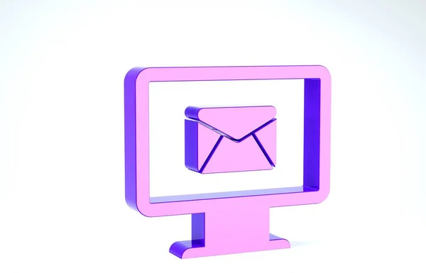 Purple Monitor a obálka, nová zpráva, pošta, e-mailová ikona izolované na bílém pozadí. Použití pro e-mailové bulletiny, záhlaví, blogy. 3D ilustrace 3D vykreslení — Stock fotografie
