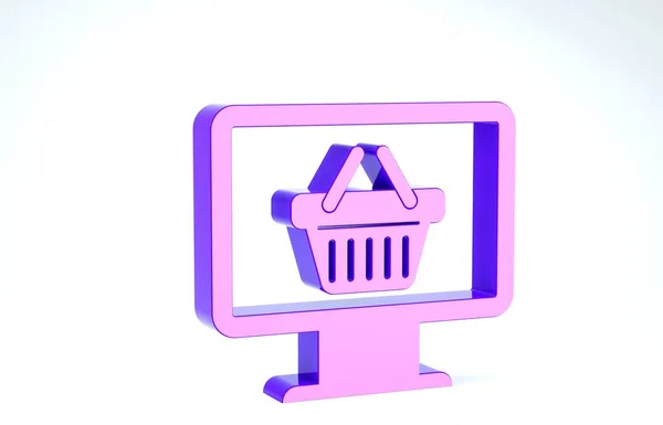 Lila Computermonitor mit Warenkorb-Symbol auf weißem Hintergrund. Online-Warenkorb. Supermarkt-Warenkorb Symbol. 3D Illustration 3D Renderer — Stockfoto