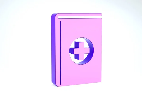 Icona libro medico viola isolato su sfondo bianco. Illustrazione 3d rendering 3D — Foto Stock