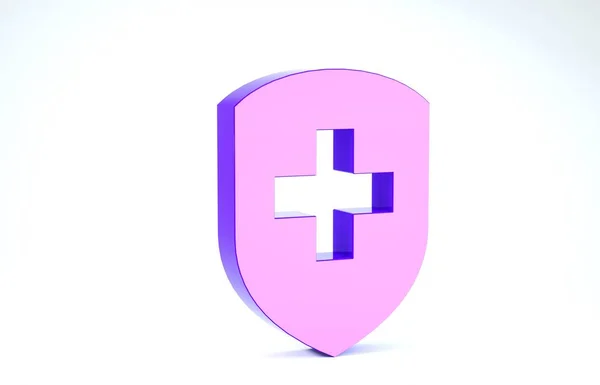 Escudo médico roxo com ícone de cruz isolado no fundo branco. Proteção, segurança, segurança por senha. 3D ilustração 3D render — Fotografia de Stock