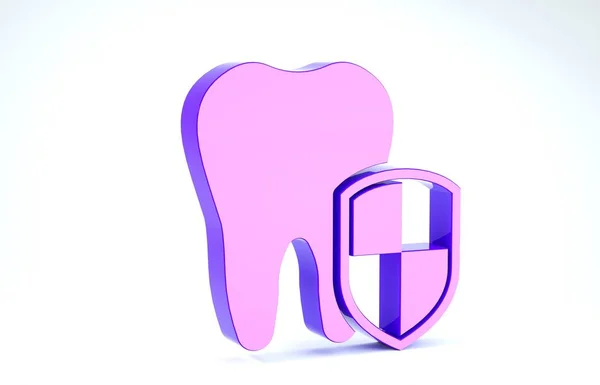 Icono de protección dental púrpura aislado sobre fondo blanco. Diente con logo de escudo. 3D ilustración 3D render —  Fotos de Stock