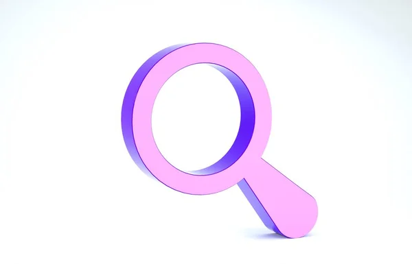 Icône en verre grossissant violet isolé sur fond blanc. Recherche, mise au point, zoom, symbole d'entreprise. Illustration 3D rendu 3D — Photo