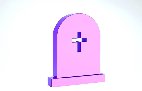 Purple Tombstone with cross icon isolated on white background. Grave icon. 3d illustration 3D render — 图库照片