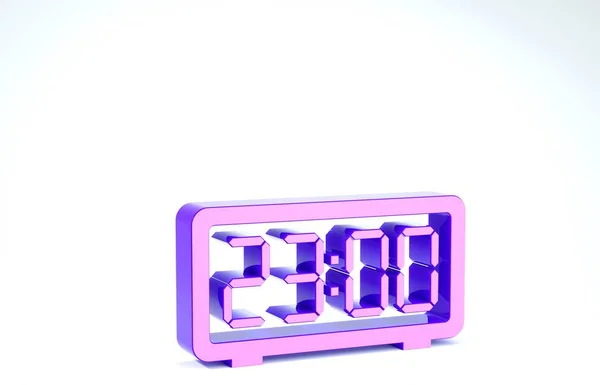 Icono de despertador digital púrpura aislado sobre fondo blanco. Reloj despertador electrónico. Icono de tiempo. 3D ilustración 3D render — Foto de Stock