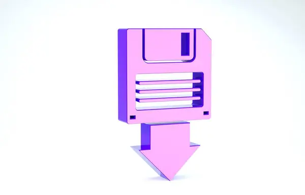 Icona di backup del disco floppy viola isolata su sfondo bianco. Segno di dischetto. Illustrazione 3d rendering 3D — Foto Stock