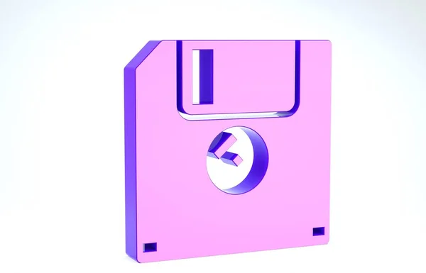 Disco blando púrpura para el icono de almacenamiento de datos de la computadora aislado sobre fondo blanco. Signo de disquete. 3D ilustración 3D render —  Fotos de Stock