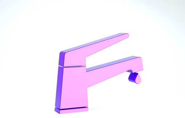 Grifo de agua púrpura con un icono de gota de agua que cae aislado sobre fondo blanco. 3D ilustración 3D render —  Fotos de Stock