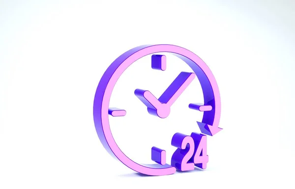 Orologio viola icona 24 ore isolato su sfondo bianco. Icona ciclica tutto il giorno. 24 ore di servizio simbolo. Illustrazione 3d rendering 3D — Foto Stock