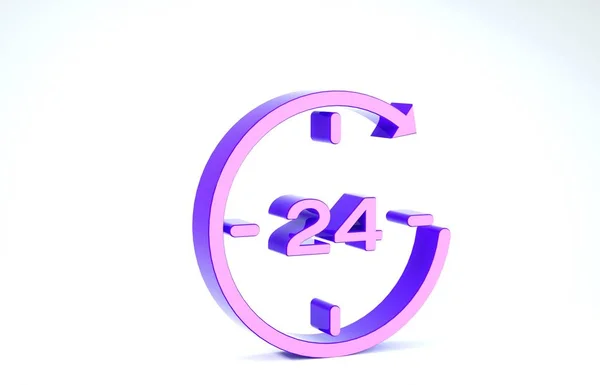 Фиолетовые часы 24 часа значок изолирован на белом фоне. Целый день циклическая икона. 24 часа сервисный символ. 3D-рендеринг — стоковое фото
