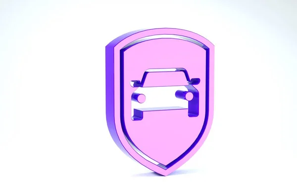 Purple Car protection or insurance icon isolated on white background. Protect car guard shield. Safety badge vehicle icon. Security auto label. 3d illustration 3D render — Stock Photo, Image