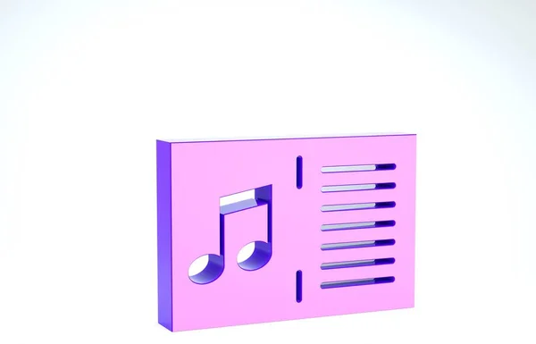 Livro de música roxa com ícone de nota isolado no fundo branco. Folha de música com estaca de notas. Caderno de notas musicais. 3D ilustração 3D render — Fotografia de Stock