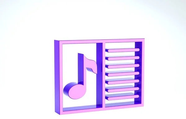 Purple Music boek met noot pictogram geïsoleerd op witte achtergrond. Muziekblad met notenbalk. Notitieboekje voor muzieknoten. 3d illustratie 3d renderen — Stockfoto