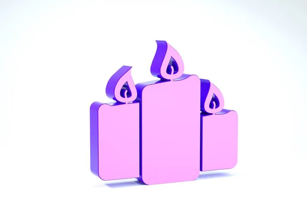 Purple Burning candles icono aislado sobre fondo blanco. Velas encendidas a la antigua. Velas cilíndricas aromáticas con llamas ardientes. 3D ilustración 3D render — Foto de Stock
