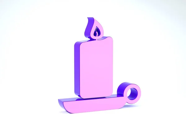 Bougie brûlante violette dans l'icône de chandelier isolé sur fond blanc. Bougie allumée à l'ancienne. Bougie cylindrique bâton avec flamme brûlante. Illustration 3D rendu 3D — Photo