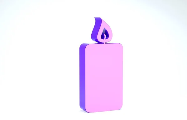 Ícone de vela queimando roxo isolado no fundo branco. Vela acesa à moda antiga. Vela aromática cilíndrica com chama ardente. 3D ilustração 3D render — Fotografia de Stock