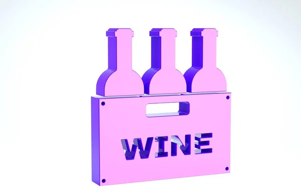 Lila palackok bor egy fa doboz ikon elszigetelt fehér háttérrel. Borosüvegek egy fadobozos ikonon. 3d illusztráció 3d render — Stock Fotó