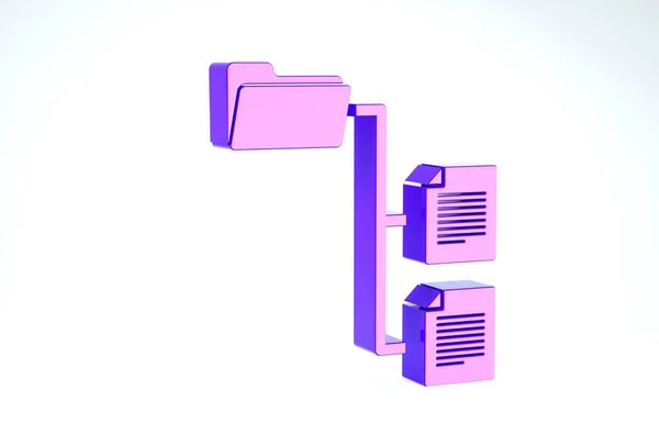 Ícone de árvore de pasta roxa isolado no fundo branco. Fluxograma da estrutura da pasta de arquivo de rede de computador. 3D ilustração 3D render — Fotografia de Stock