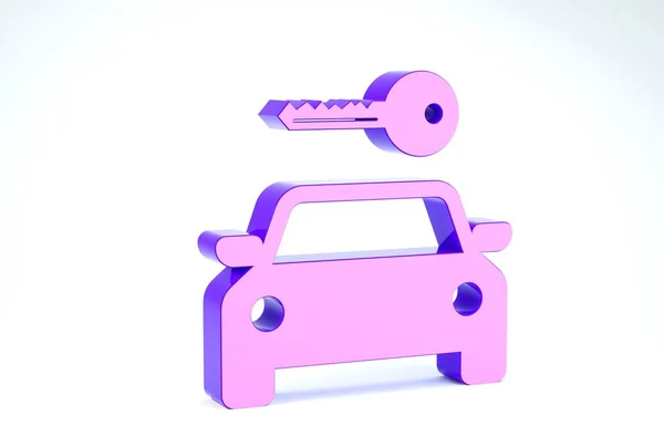 Purple Icono de alquiler de coches aislado sobre fondo blanco. Alquilar una señal de coche. Llave con coche. Concepto para servicio de reparación de automóviles, tienda de repuestos. 3D ilustración 3D render — Foto de Stock