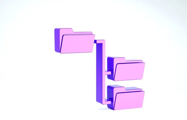 Фиолетовый значок дерева папок выделен на белом фоне. Структура структуры сетевой папки компьютера. 3D-рендеринг — стоковое фото