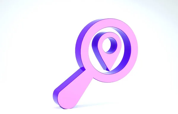 Purple Search location icon isolated on white background. Magnifying glass with pointer sign. 3d illustration 3D render — 图库照片